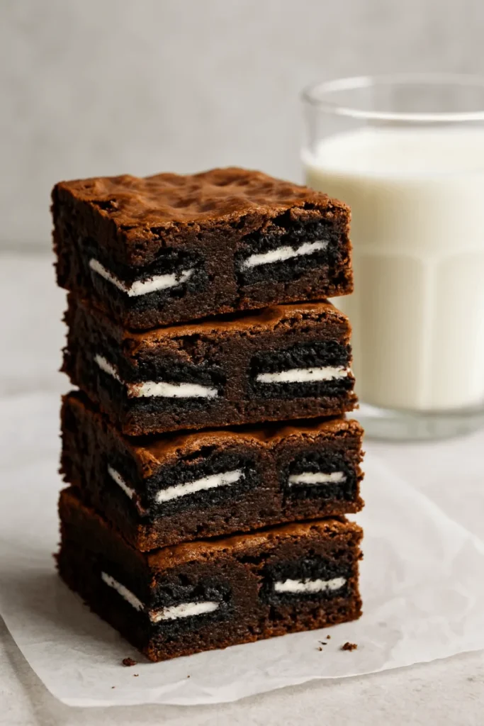 Thick, fudgy brownies with Oreo cookies baked inside, stacked on a plate.