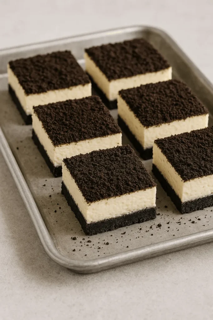 Oreo cheesecake bars with a crumbly cookie crust and creamy cheesecake topping.