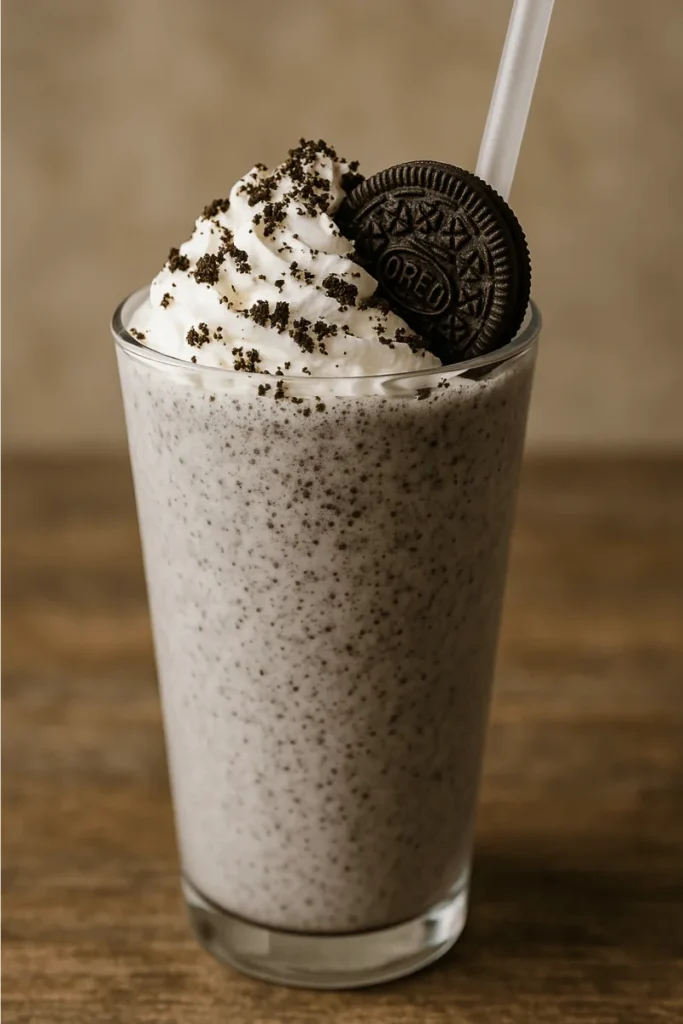 Oreo milkshake topped with whipped cream and a whole cookie served in a tall glass.