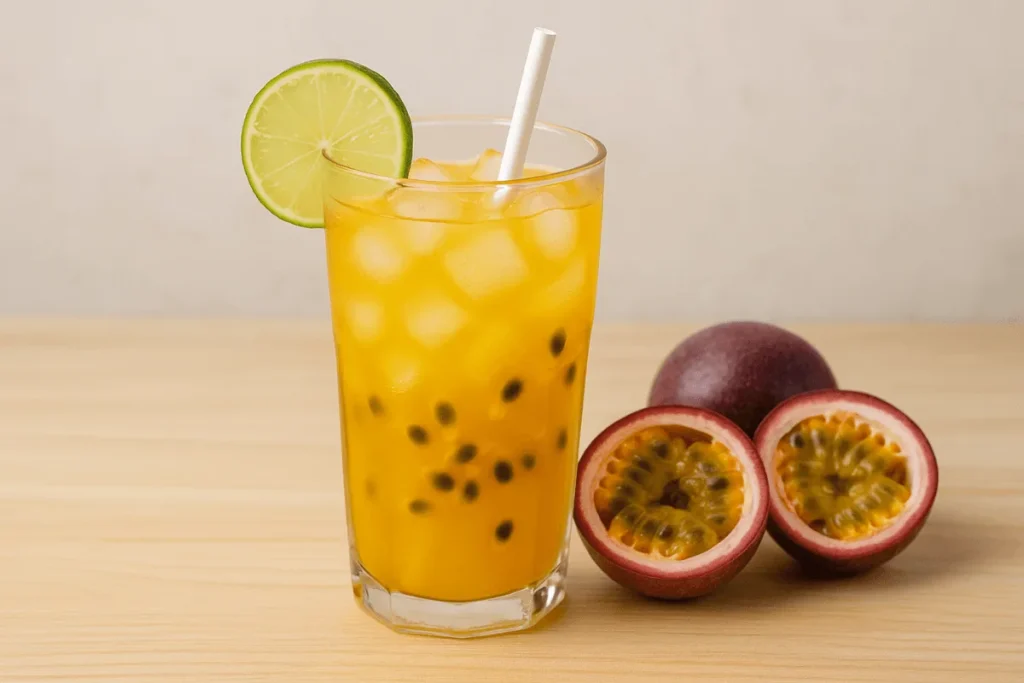 A simple glass of classic passion fruit juice with lime, highlighting its bright golden color and fresh pulp.