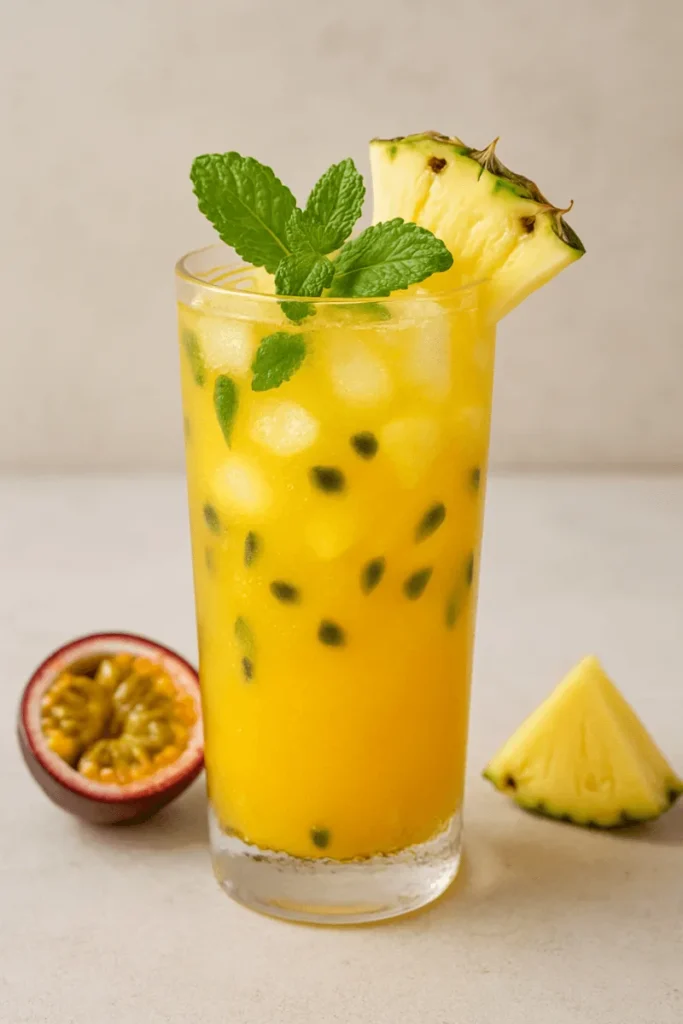 A tropical drink combining passion fruit and pineapple juice, garnished with mint and pineapple slices.