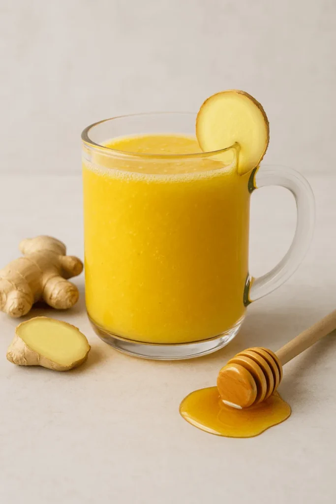 A glass of passion fruit juice with fresh ginger and honey, showcasing a warm and zesty twist.
