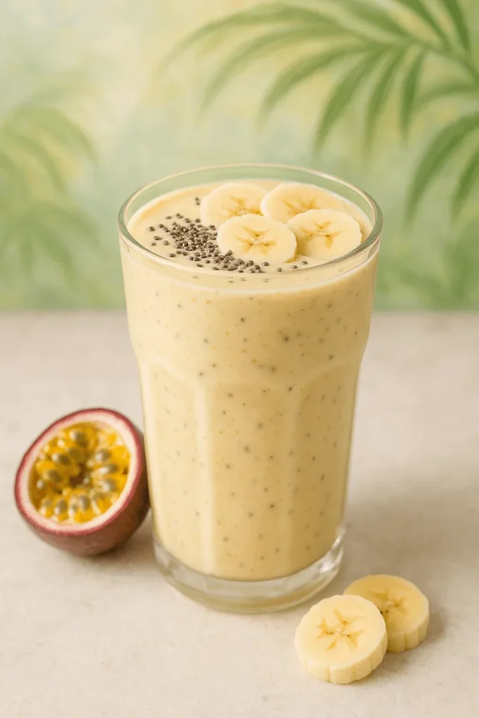 A creamy passion fruit smoothie topped with chia seeds and banana slices, highlighting its thick and healthy texture.