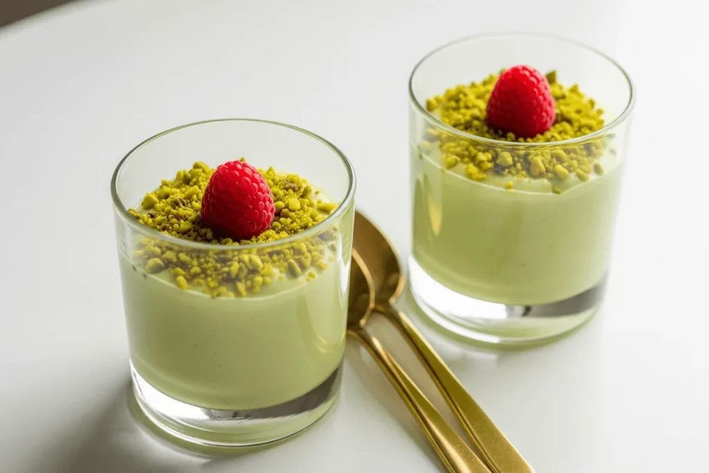 Creamy pistachio pudding in glass cups, garnished with pistachios and raspberries, on a clean white table.