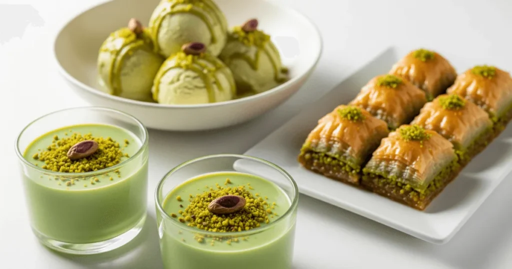 A trio of pistachio desserts—pudding, baklava, and ice cream—styled on a clean white table for a fresh and modern look.