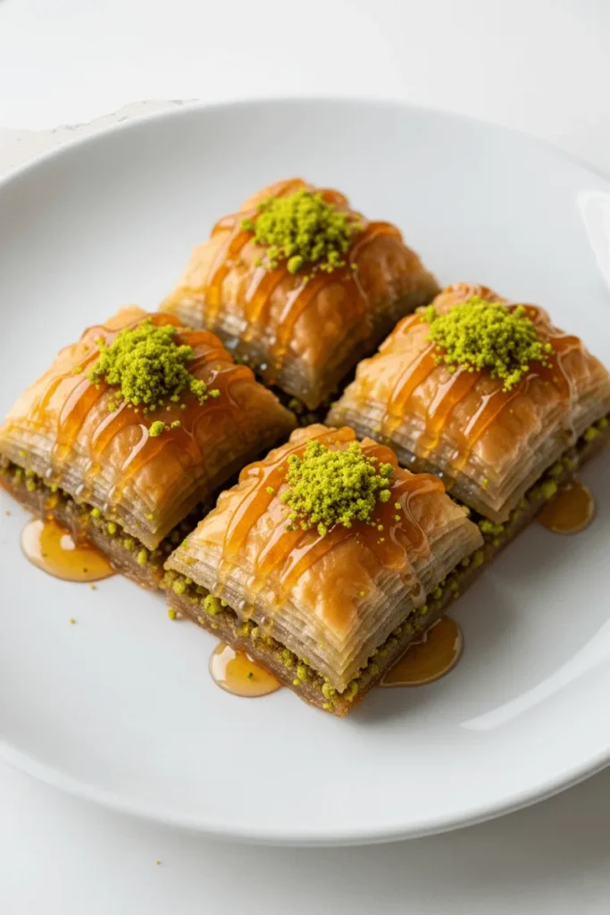 Golden pistachio baklava squares with honey drizzle and crushed pistachios, styled on a white plate against a white background.