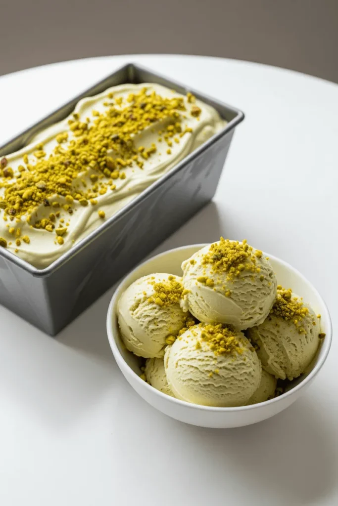 Homemade no-churn pistachio ice cream in a loaf pan and scoops in a white bowl, topped with pistachios for freshness.