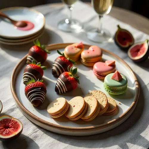 Overhead view of luxurious dessert board with chocolate-dipped strawberries, macarons, truffles and fresh figs arranged on rustic wood