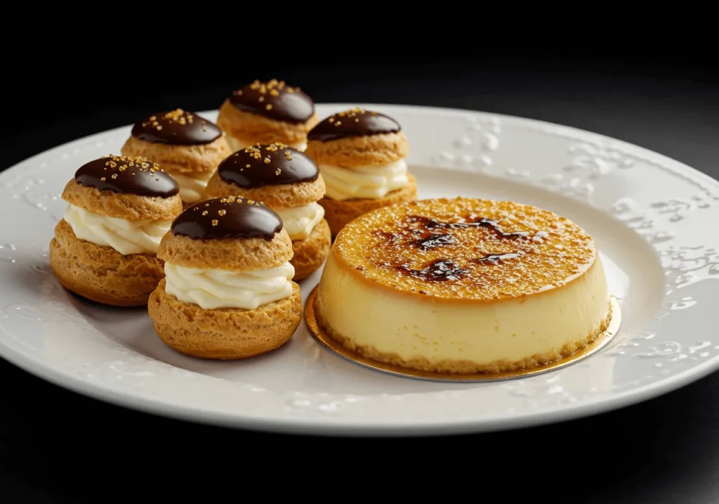 French crème brûlée and profiteroles on a dessert plate