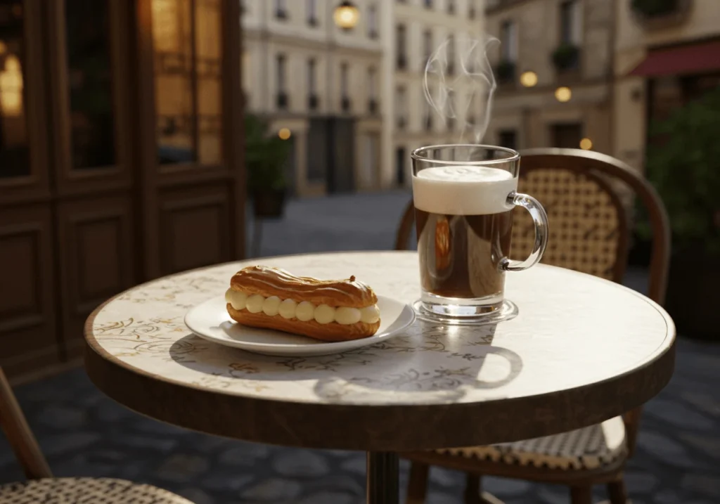 A French dessert paired with a glass of coffee