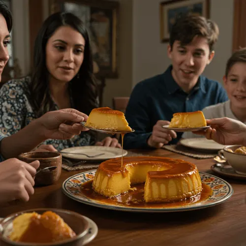 Mexican family sharing flan from a Talavera ceramic dish at a festive table.