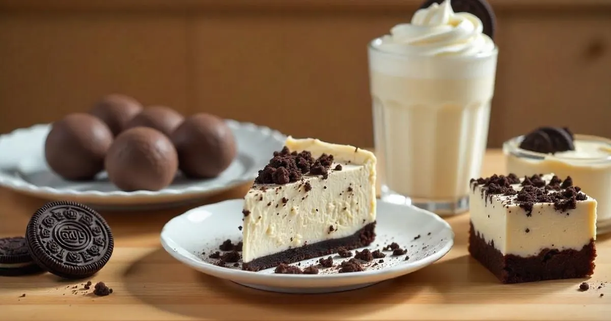 Five delicious Oreo desserts including truffles, ice cream cake, cheesecake, milkshake, and brownies on a wooden kitchen table.