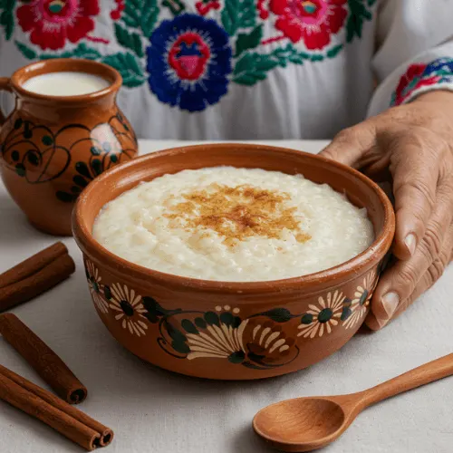 Traditional Mexican deserts arroz con leche served in a floral clay bowl, held by a grandmother with embroidered clothing.