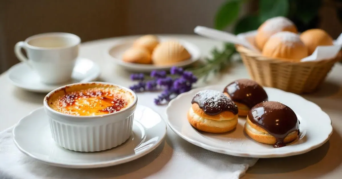 A beautiful arrangement of classic French desserts — crème brûlée, chocolate éclairs, profiteroles, and madeleines — served on an elegant café-style table with soft natural lighting.