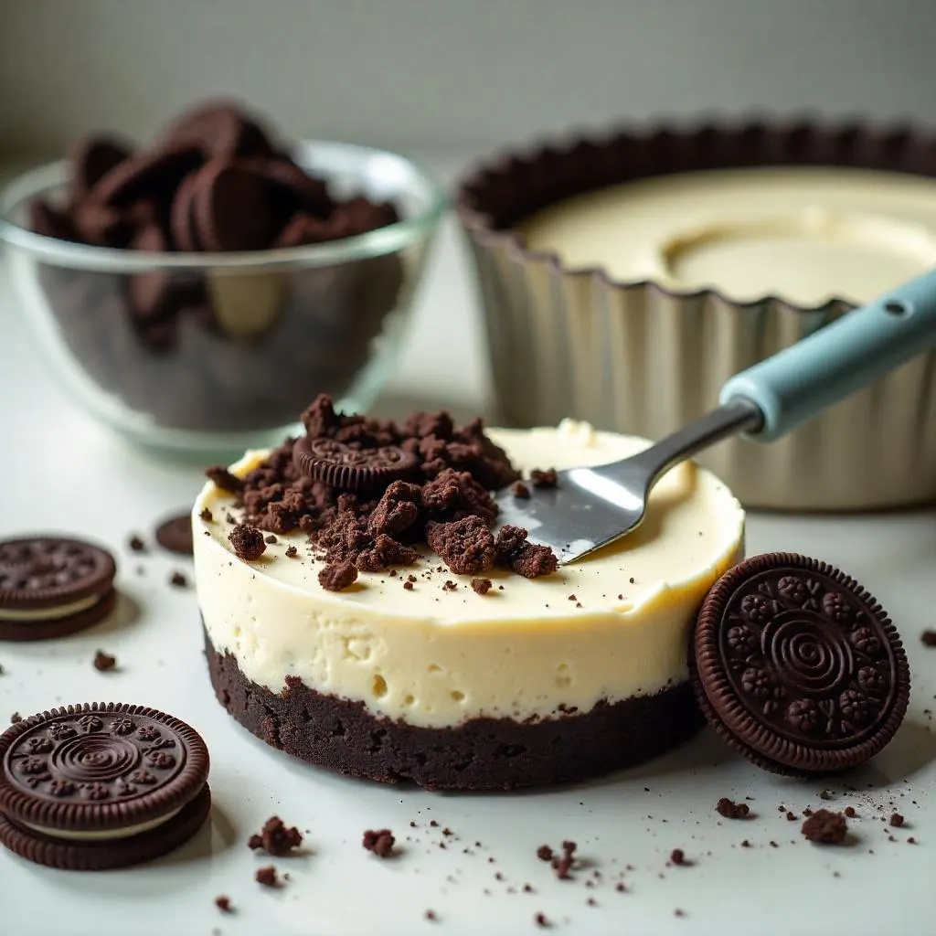 Five delicious Oreo desserts including truffles, ice cream cake, cheesecake, milkshake, and brownies on a wooden kitchen table.