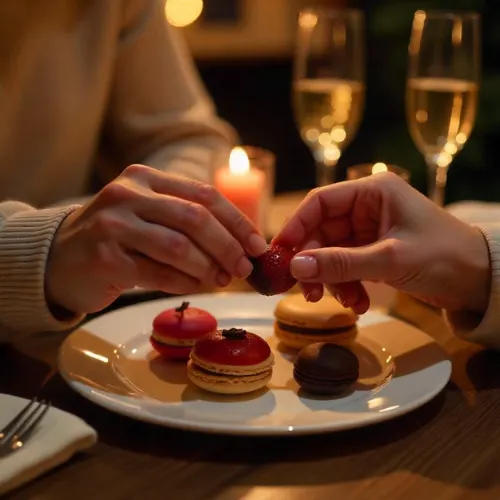 Young couple feeding each other from dessert charcuterie board in cozy candlelit setting
