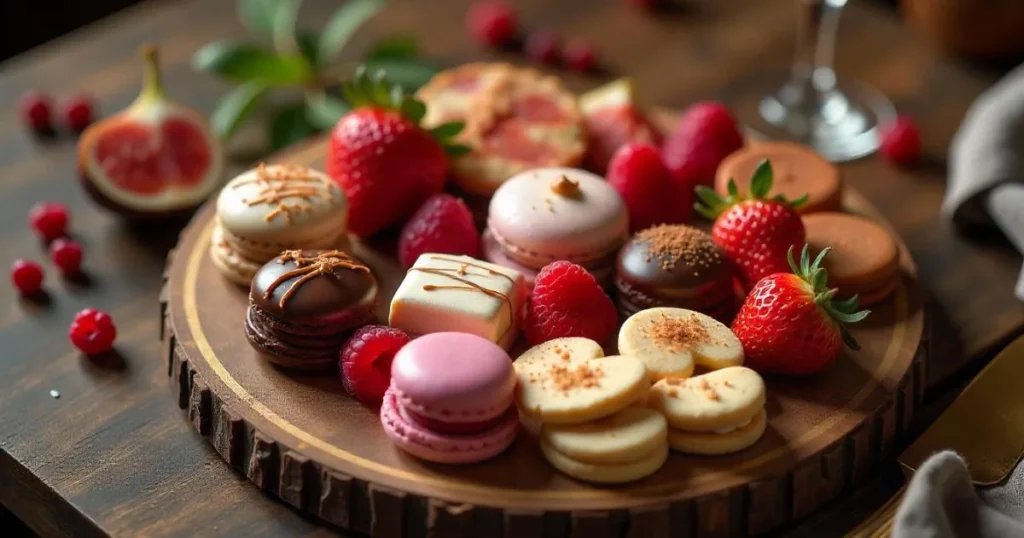 An artfully arranged dessert charcuterie board with chocolate-dipped strawberries, macarons, truffles, and fresh fruit, bathed in warm golden-hour lighting