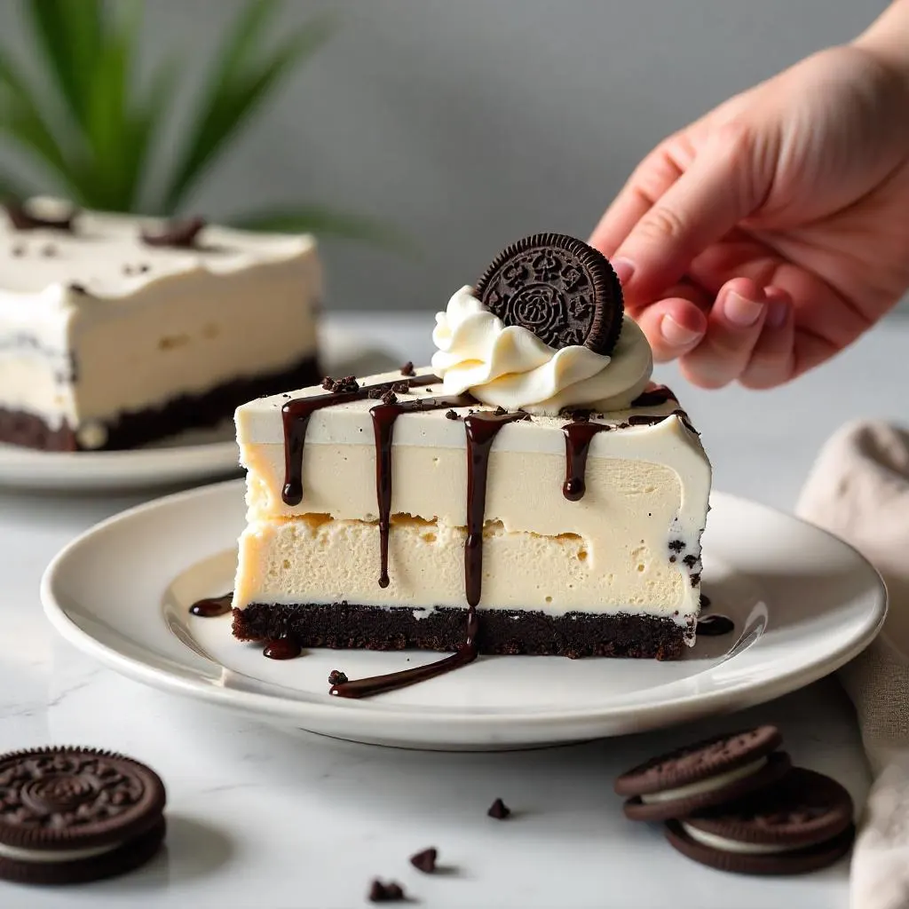 Kitchen counter scene showing the preparation of Oreo cheesecake with bowls of cream cheese, crushed Oreos, and a pie crust pan.