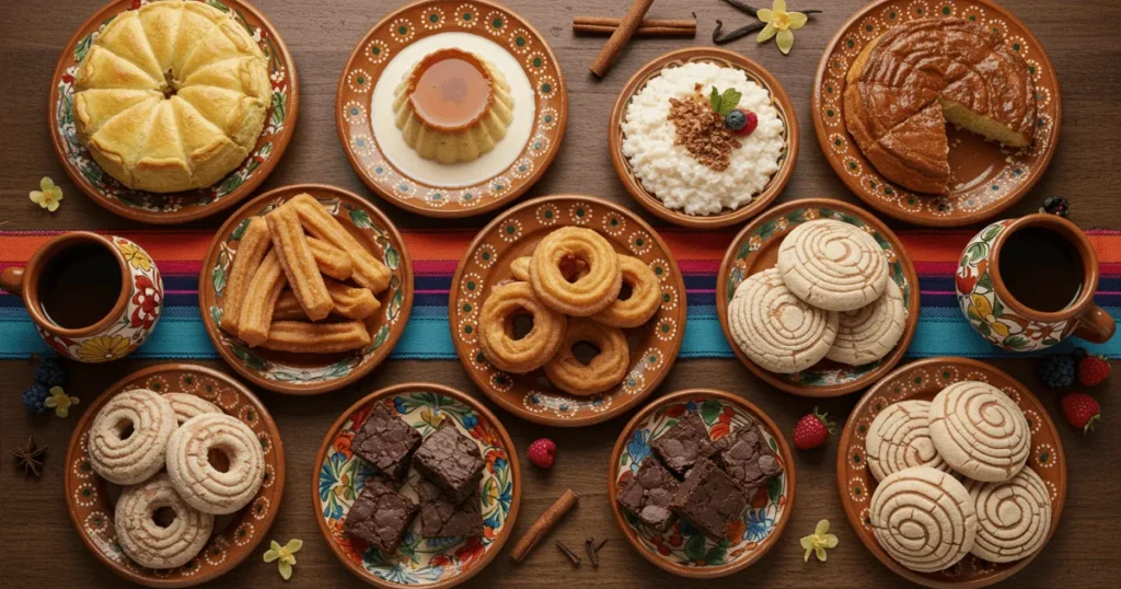 Overhead view of 8 colorful and traditional Mexican desserts served on a rustic table with vibrant textiles and spices.