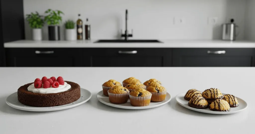 Gluten free chocolate cake, blueberry muffins, and coconut macaroons displayed on a white countertop in a modern kitchen setting.