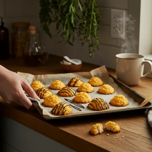 Gluten free coconut macaroons on a baking tray, some dipped in chocolate, in a rustic-modern kitchen.