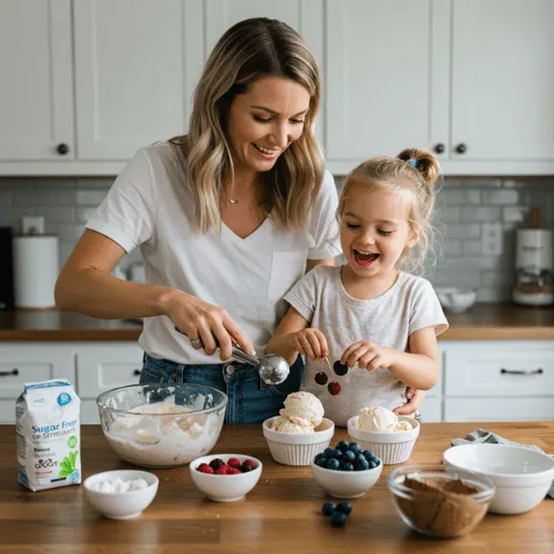 mother and child making sugar-free ice cream in a kitchen with healthy ingredients on the counter