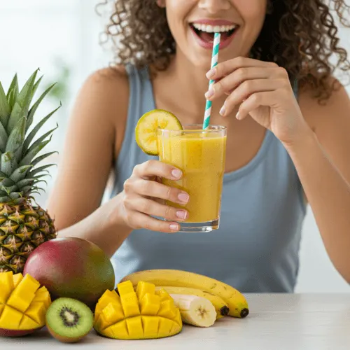 Person happily drinking a Tropical Smoothie Calories from a clear glass, surrounded by fresh tropical fruits on a bright table. Description:
