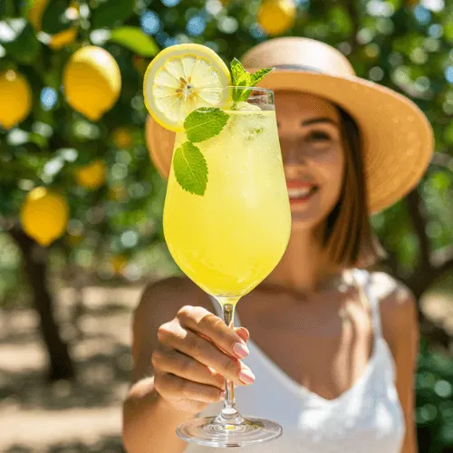 Woman holding a chilled non-alcoholic Limoncello Recipe mocktail in a stemmed glass with lemon and mint