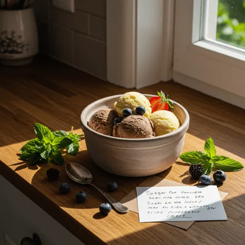 Bowl of sugar free ice cream surrounded by natural sweeteners, fresh fruit, and a recipe card on a wooden kitchen counter