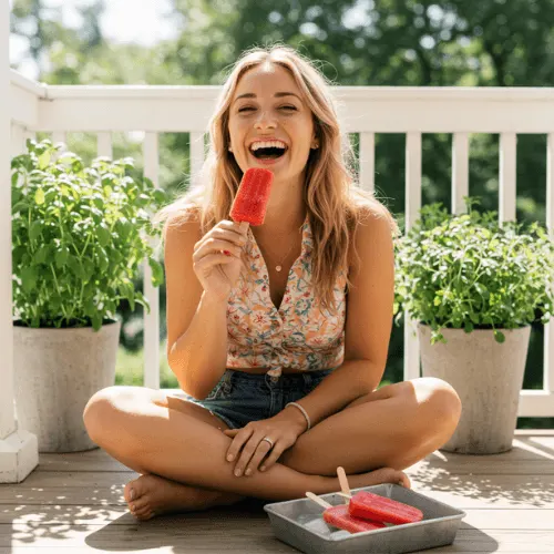 Woman enjoying a sugar-free popsicle on a porch with a tray of frozen treats beside her