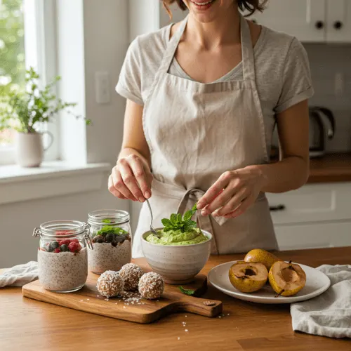 A woman assembling a variety of healthy desserts in different vessels on a rustic kitchen counter.