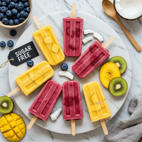 Assorted sugar free fruit popsicles on a marble tray with sliced fruits and a sugar-free label
