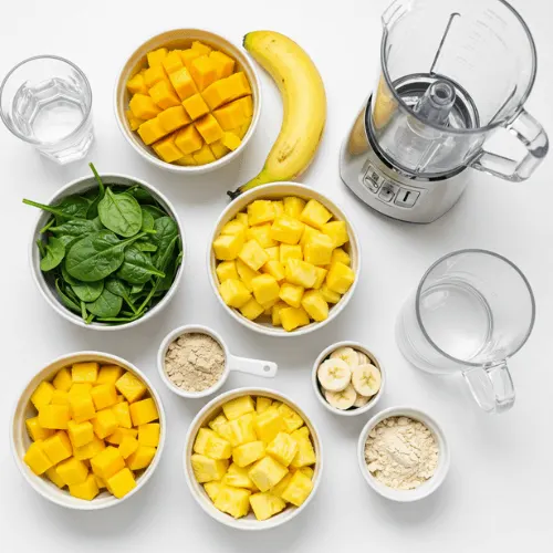 An overhead view of a smoothie-making setup: bowls of fresh fruit, leafy greens, protein powder, and coconut water arranged neatly on a white surface, with a blender ready to mix. Tropical Smoothie Calories