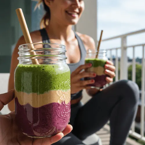 You sipping a Healthy Drinks on a sunlit balcony post-workout with a layered energy smoothie in focus in the foreground.
