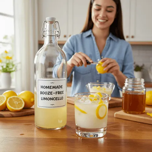 Glass bottle of homemade alcohol-free Limoncello Recipe and tumbler with lemon zest on a wooden counter