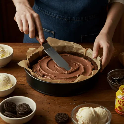 Hands smoothing Carvel ice cream cake "chocolate" into a parchment-lined springform pan with dessert ingredients on the counter