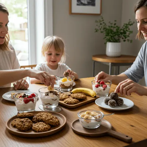 A family of three enjoying healthy desserts like parfaits, banana bites, and cookies at a rustic dining table.