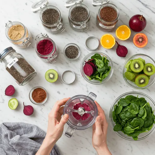 Your hands assembling Healthy Drinks ingredients and superfood powders on a marble counter for a nutrient-packed energy smoothie.