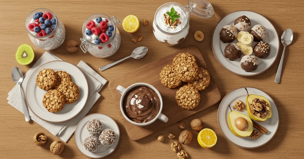 Overhead view of a realistic assortment of 7 healthy desserts including chia pudding, yogurt parfait, banana bites, and more on a rustic table.