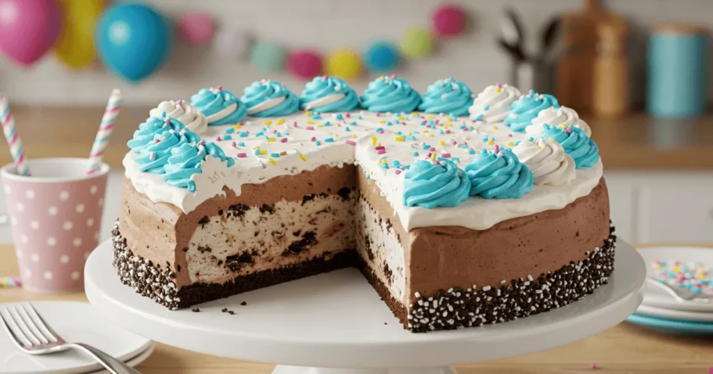 Layered chocolate and vanilla Carvel-style ice cream cake with whipped topping and blue frosting on a cake stand