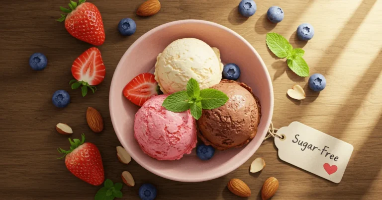 Three scoops of sugar free ice cream in a bowl, garnished with berries, mint, and almonds on a wooden table