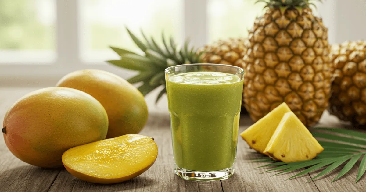 A vibrant tropical smoothie served in a clear glass with mango, pineapple, and coconut garnish on a wooden table, surrounded by fresh tropical fruits and green leaves.