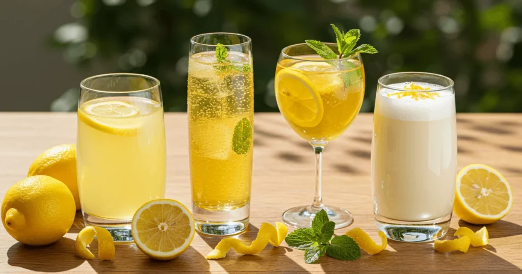 Four non-alcoholic limoncello drinks with lemon and mint on a wooden table in natural sunlight
