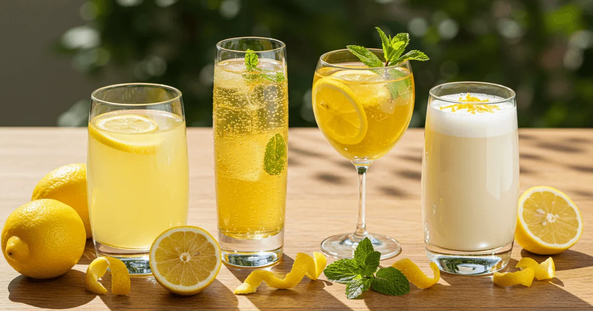 Four non-alcoholic limoncello drinks with lemon and mint on a wooden table in natural sunlight