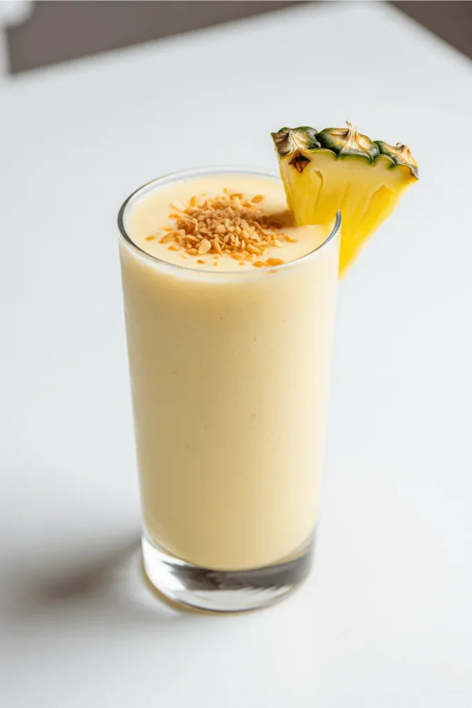 A creamy pineapple and coconut smoothie topped with pineapple wedge and coconut flakes on a white table.
