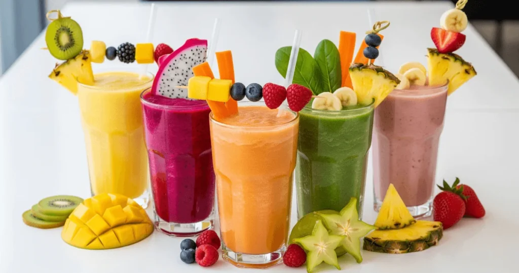 Five tropical smoothies in clear glasses with fresh pineapple, mango, guava, banana, and passionfruit on a clean white table.