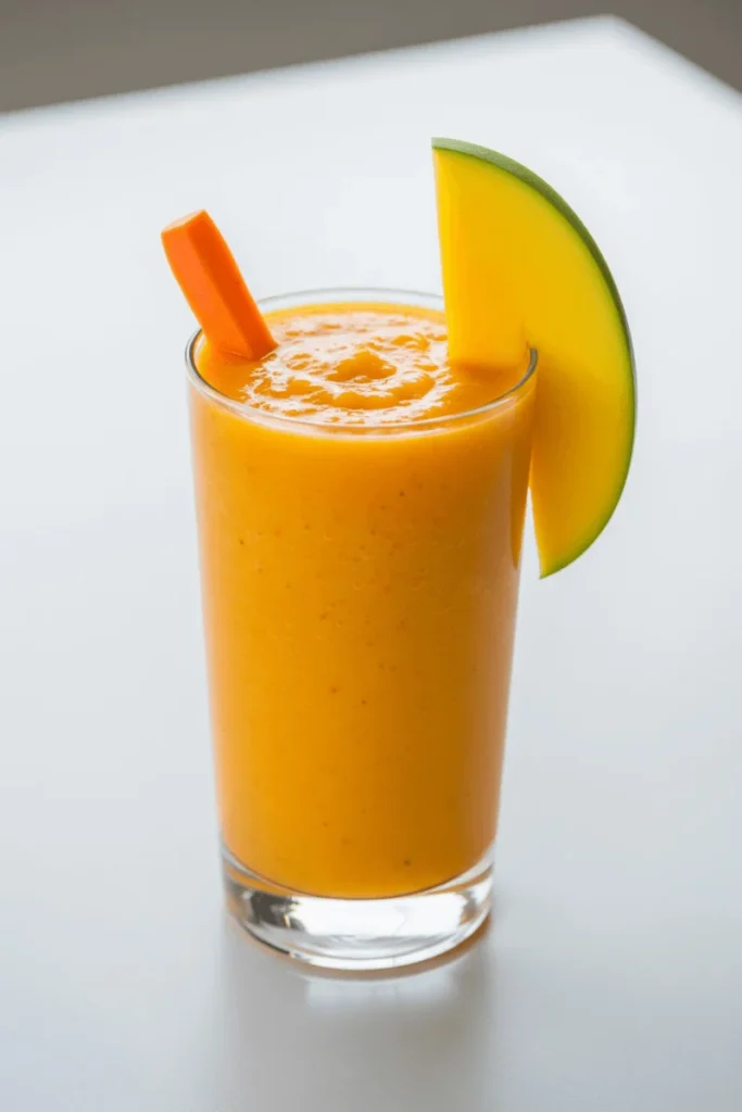 A vibrant Easy Recipes orange smoothie made with mango, carrot, and ginger, served in a clear glass on a white table.