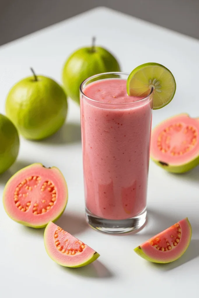 A pink guava smoothie with lime wedge garnish, placed on a white table with fresh guava nearby.