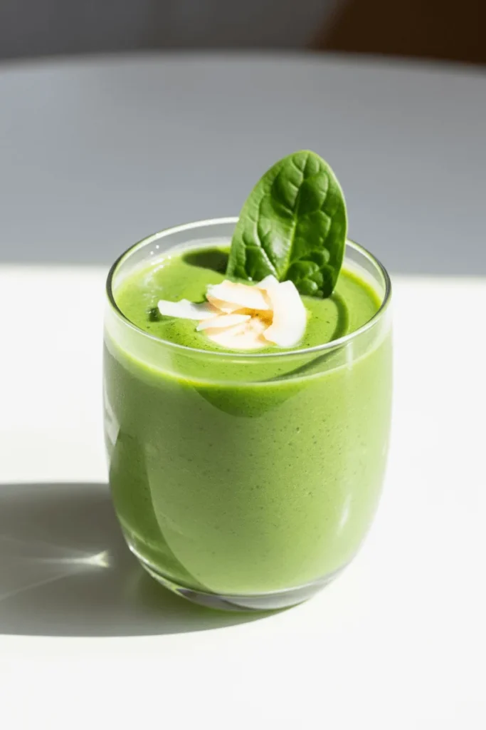A green tropical Easy Recipes detox smoothie made with pineapple, mango, spinach, and banana, served on a white table.