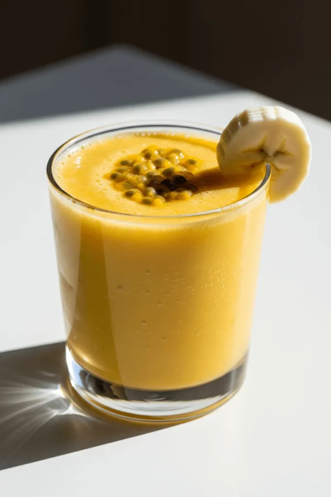 A golden-yellow smoothie made with passionfruit and banana, topped with passionfruit seeds and banana slice.